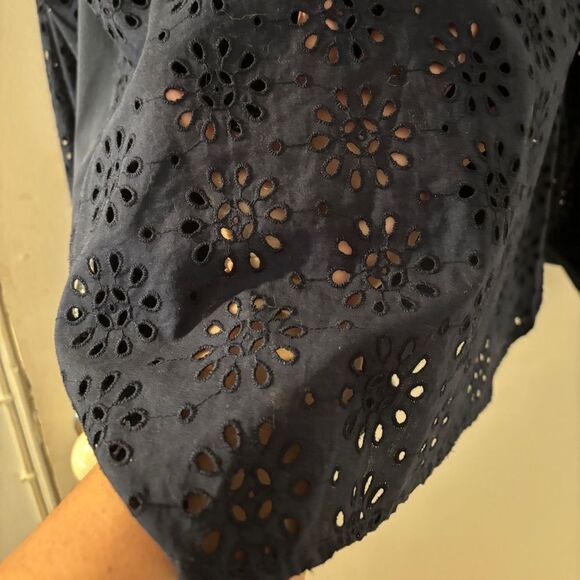 Tory Burch navy blue Liam eyelet sleeve button down top size 10 - Picture 8 of 11